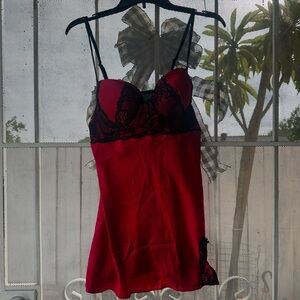 Red and Black Lace Chemise Babydoll Matching set Thong